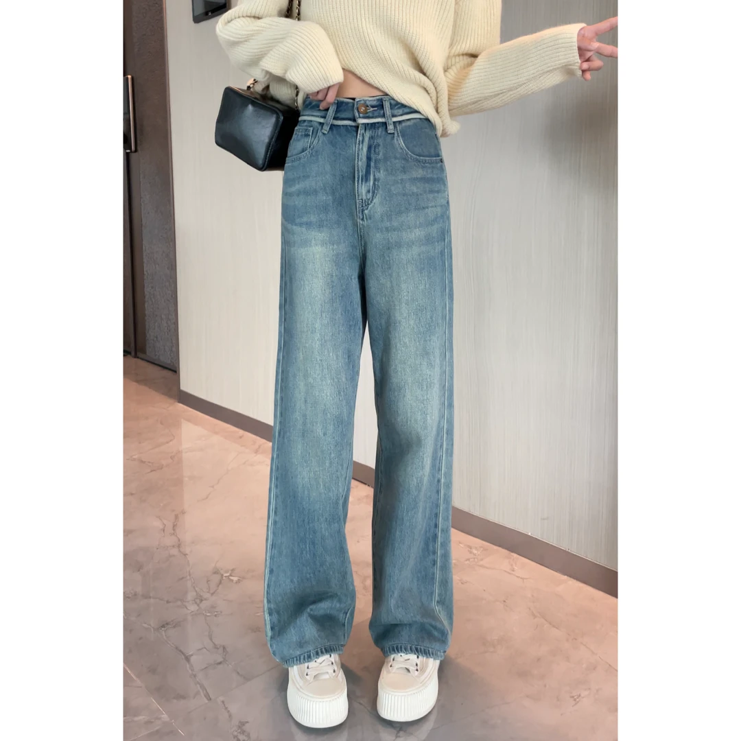 【樱桃小个子】秋季新款韩版高腰直筒宽松阔腿显瘦牛仔裤ZR-K73541