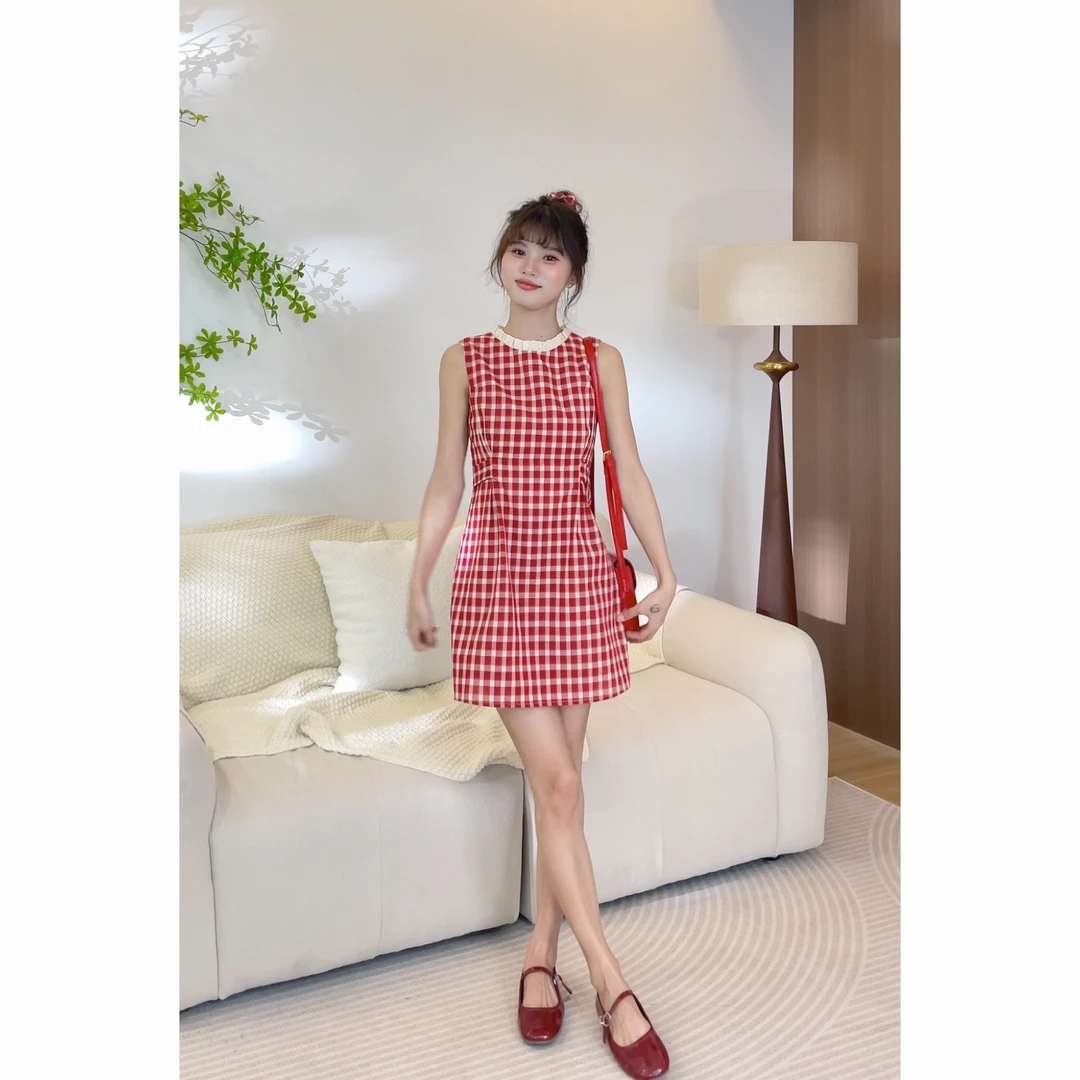 【樱桃小个子】夏季清凉法式显瘦无袖气质格子圆领连衣裙ZR-Q75900