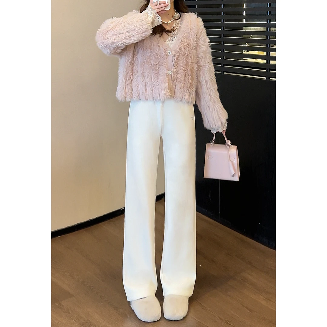 2024年小个子秋冬新款绵羊毛加绒高腰直筒显瘦窄版阔腿裤女K76486