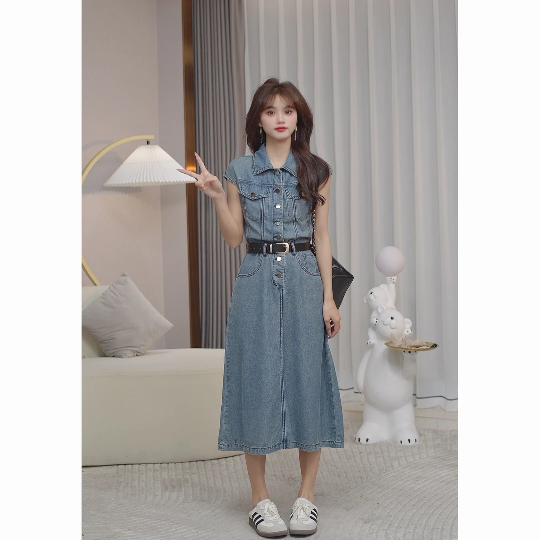 【樱桃小个子】夏季新款港风复古收腰翻领牛仔无袖连衣裙ZR-Q25014