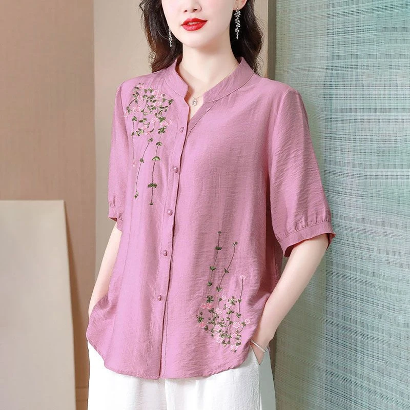 时尚绣花短袖上衣女夏季新款2024宽松显瘦小衫遮肚子妈妈衬衫