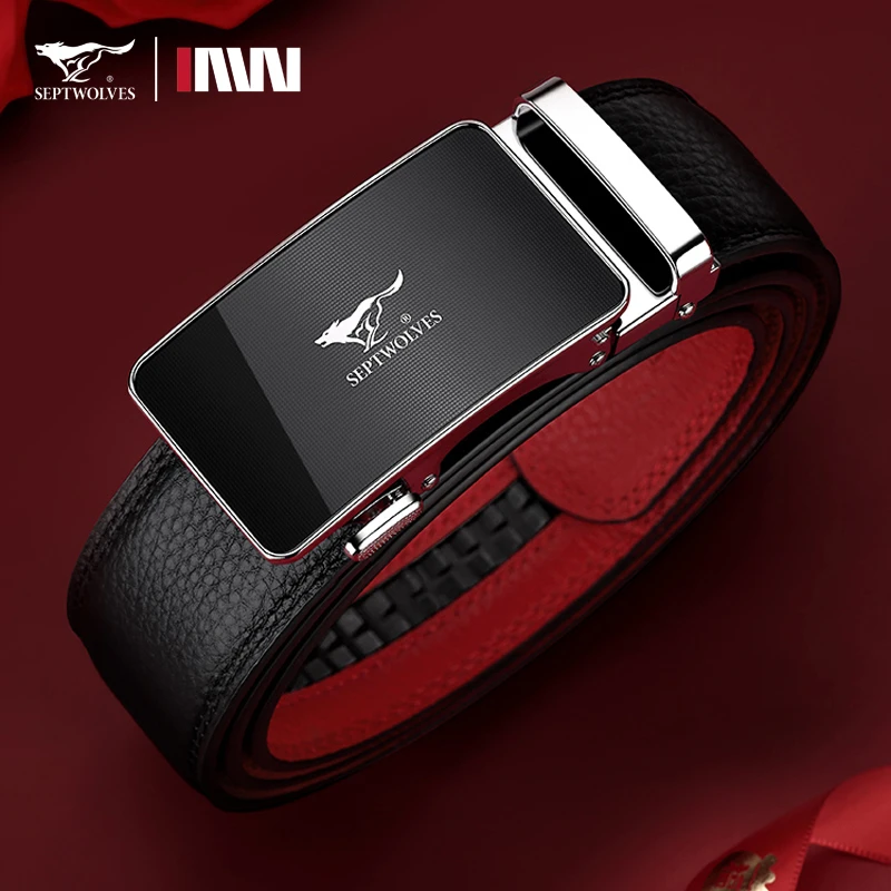 正品七匹狼红色真皮皮带男士自动扣百搭本命年新款头层牛皮裤腰带