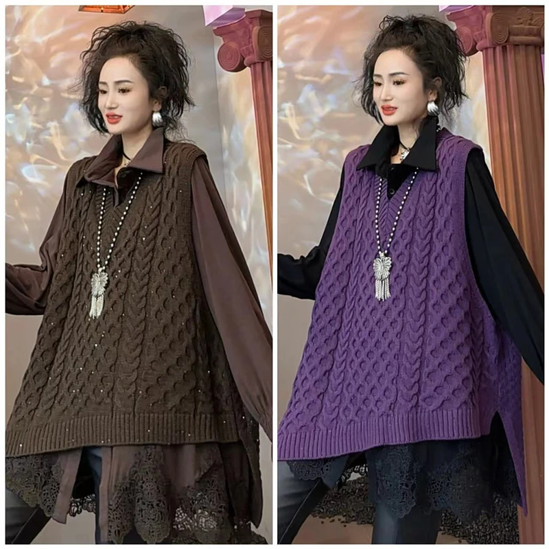 秋季复古V领亮钻针织马夹女时尚新款宽松显瘦百搭上衣马甲-6038