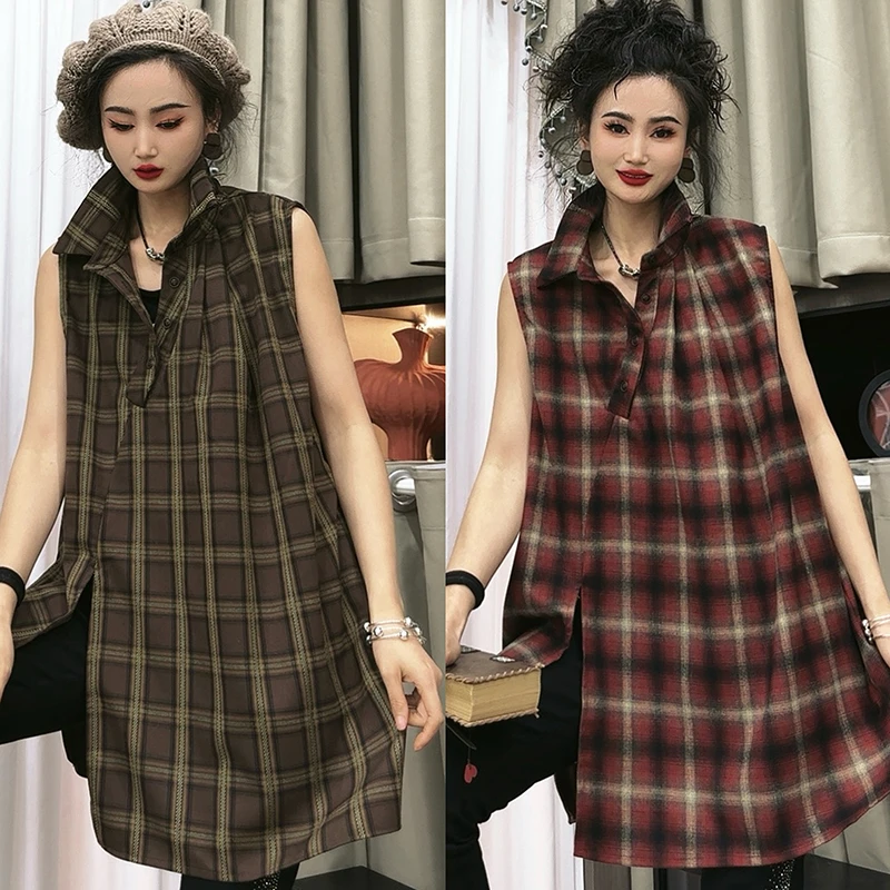秋季时尚复古格子无袖衬衫女新款开叉设计宽松百搭女士衬衣-9980