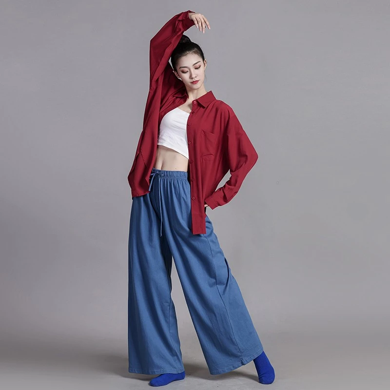 现代舞衬衫飘逸垂感女衬衣舞蹈服套装大码练功服爵士舞服舞蹈裤