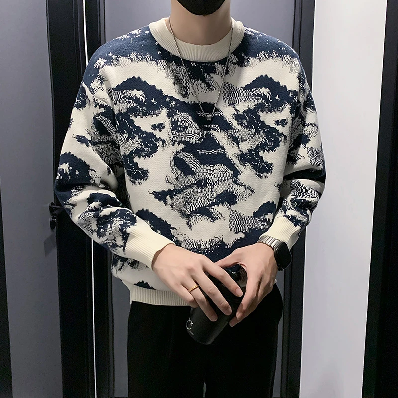 高端设计感提花针织衫男秋冬季2025新款爆款潮牌百搭男士圆领毛衣