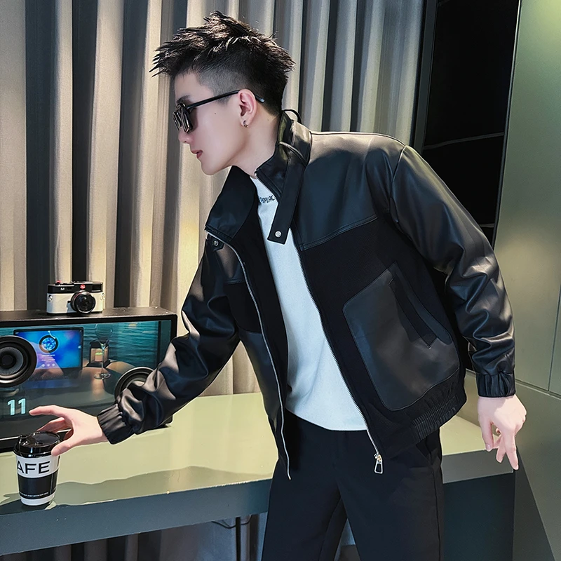 高级感拼接皮衣外套男款春秋季2025新款爆款百搭男士立领夹克外衣