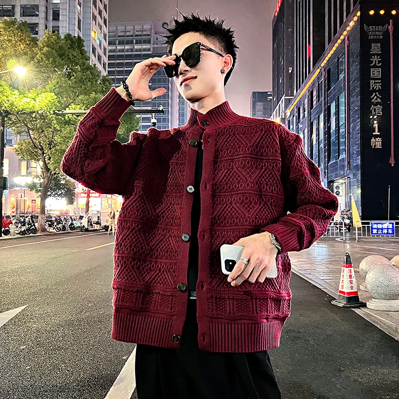 秋冬季开衫立领毛衣男冬款外衣2024新款潮牌爆款安哥拉红针织外套
