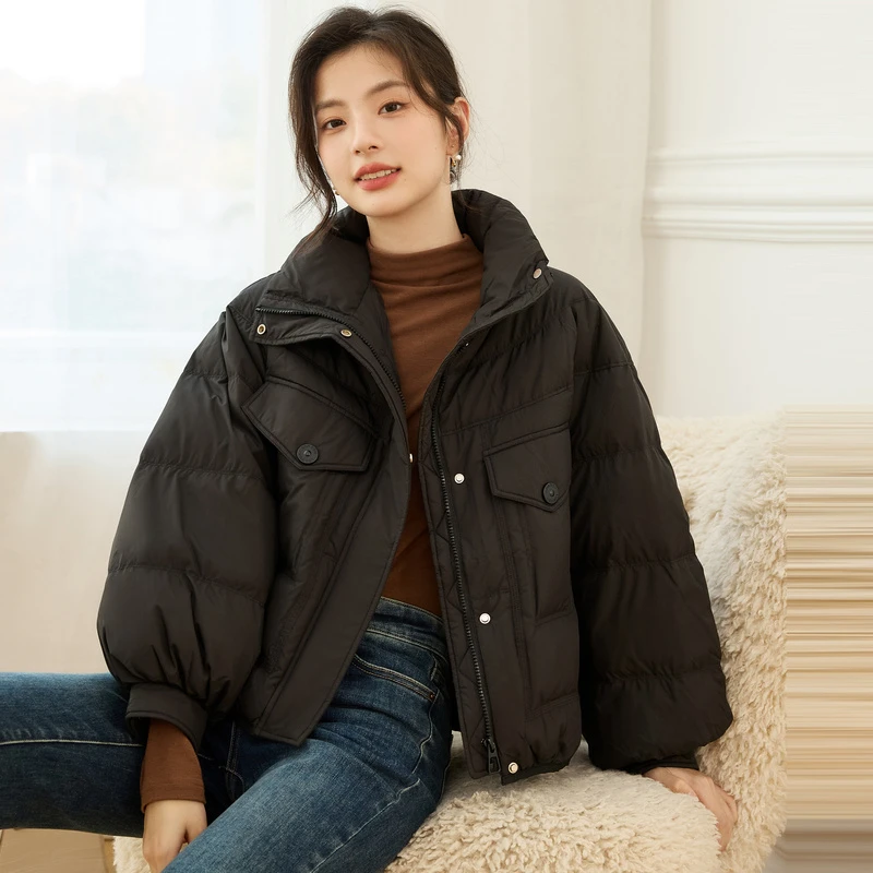 海贝宽松立领插肩袖短款羽绒服外套女冬羽绒面包服H3H10AW027