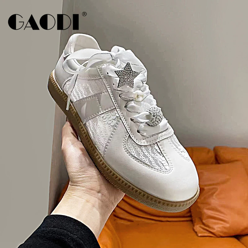 高蒂透气亮片蕾丝复古德训鞋运动休闲系带平底鞋245366-206