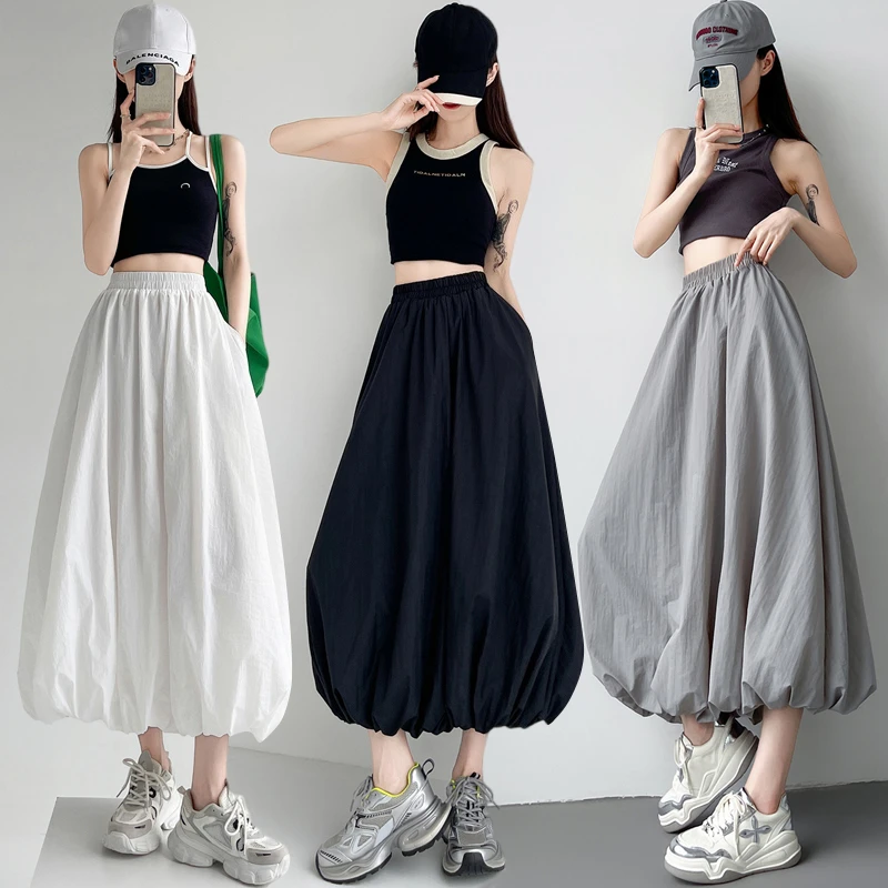 休闲美式慵懒运动风宽松花苞半身裙女街头灰色松紧腰蓬蓬裙中长裙
