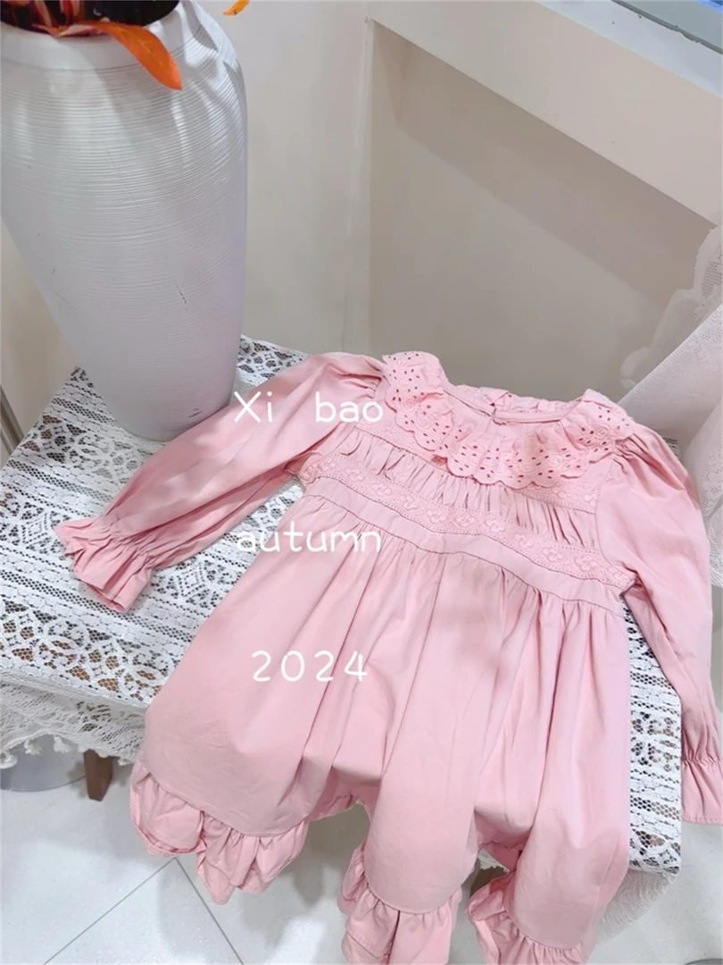 243-XB-2008粉色  童装2024年秋季新款儿童花边领连衣裙