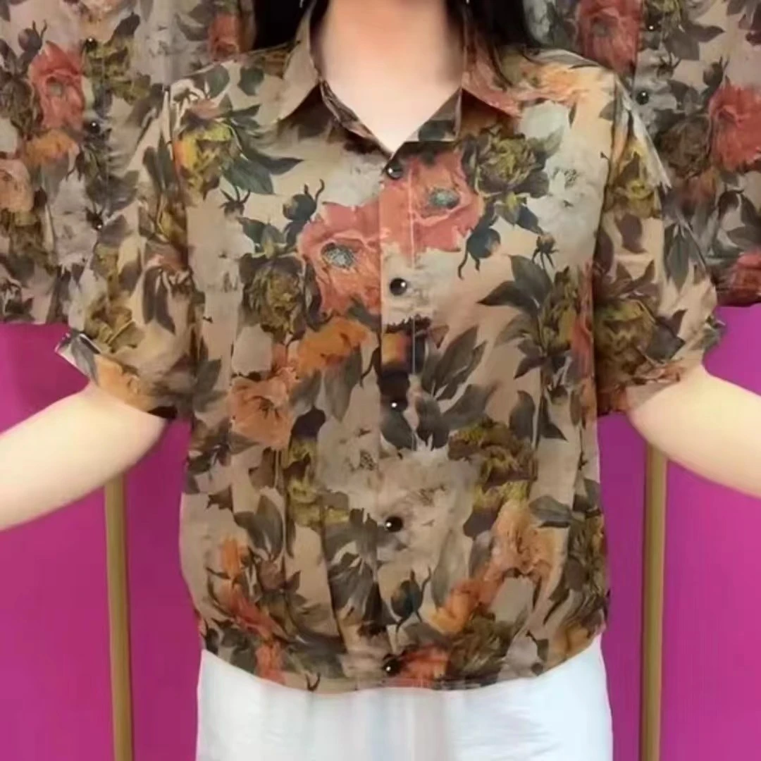 夏款大码翻领百搭外穿衬衫2025新款宽松显瘦遮肚子外搭印花妈妈装