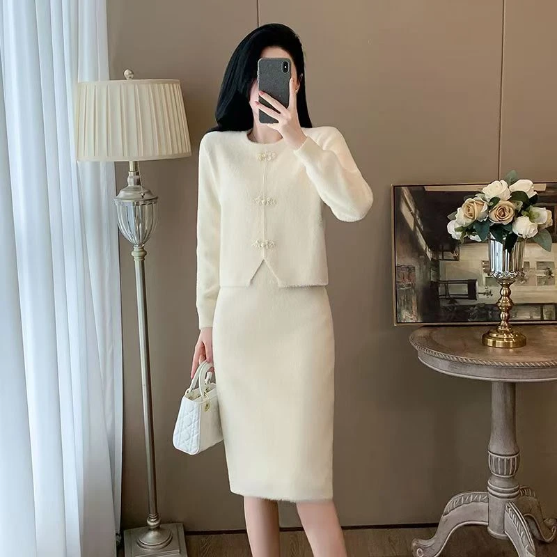 秋冬女装新中式国风盘扣针织上衣气质名媛毛衣半身裙两件套裙子