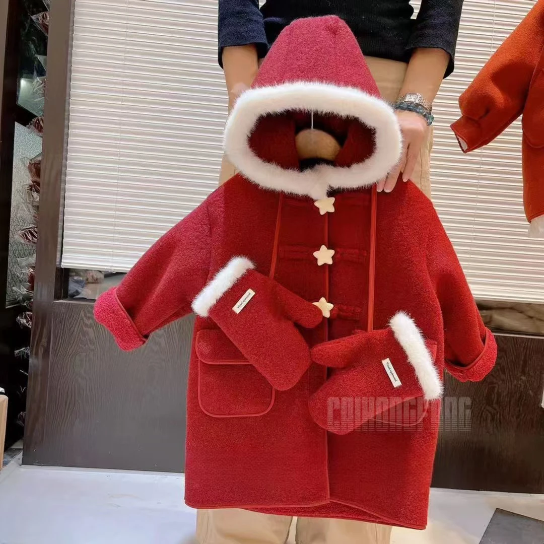 女童冬装加绒呢子大衣中长款洋气儿童外套新年衣服