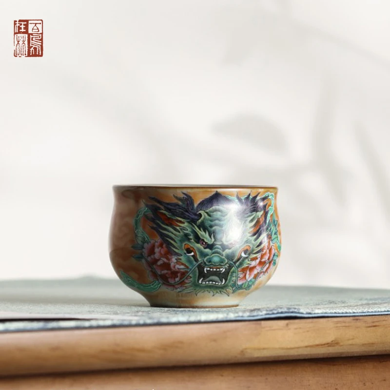绪文汝窑 萧鼓杯（龙腾云雾）手绘陶瓷主人杯