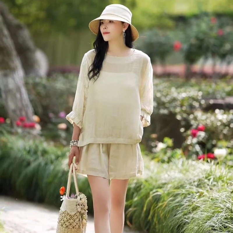 5163高品质苎麻双层防走光松紧腰短裤简约百搭米白休闲裤性感