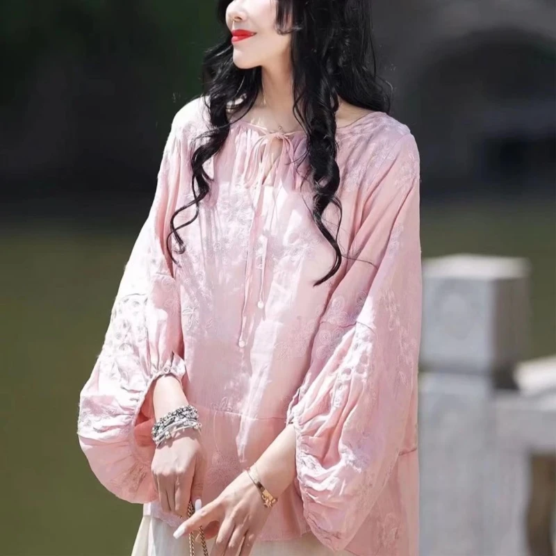 9087新款高品质苎麻满绣花圆领系带上衣灯笼袖纯色衬衫