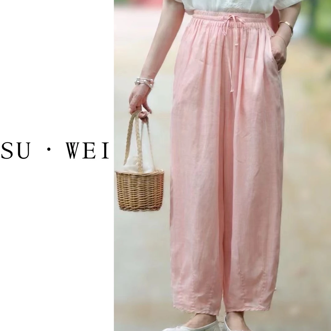 苏维5217 苎麻百搭双层显瘦高腰时尚休闲裤女