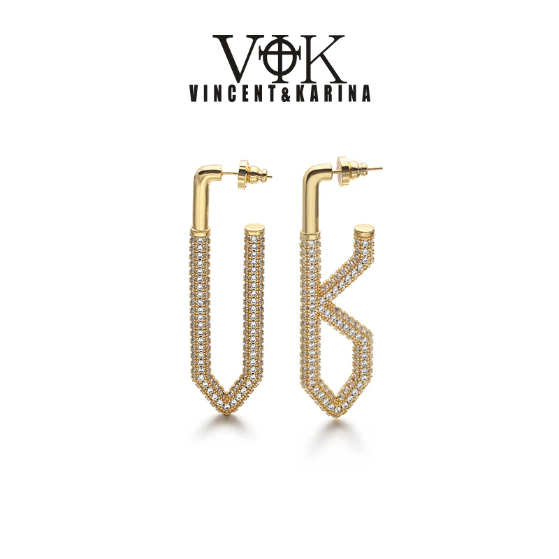 VINCENT&KARINA 铜合金耳饰 【固】VK字母长款时尚镶钻超闪潮流耳环