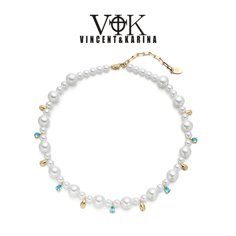 VINCENT&KARINA 铜合金贝珠项链 专属【花园】多彩锆石大小锁骨项链