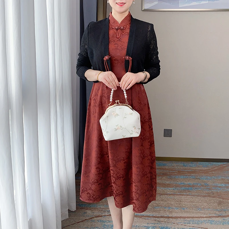 妈妈秋装显瘦连衣裙子优雅中老年两件套女气质妈妈装53012绣花