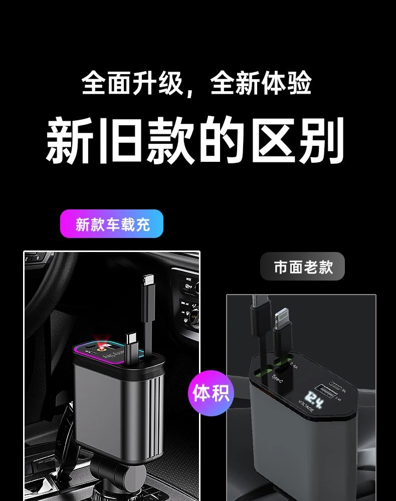 120瓦可伸缩车载充电器一拖四汽车快充适用各种车型苹果安卓通用