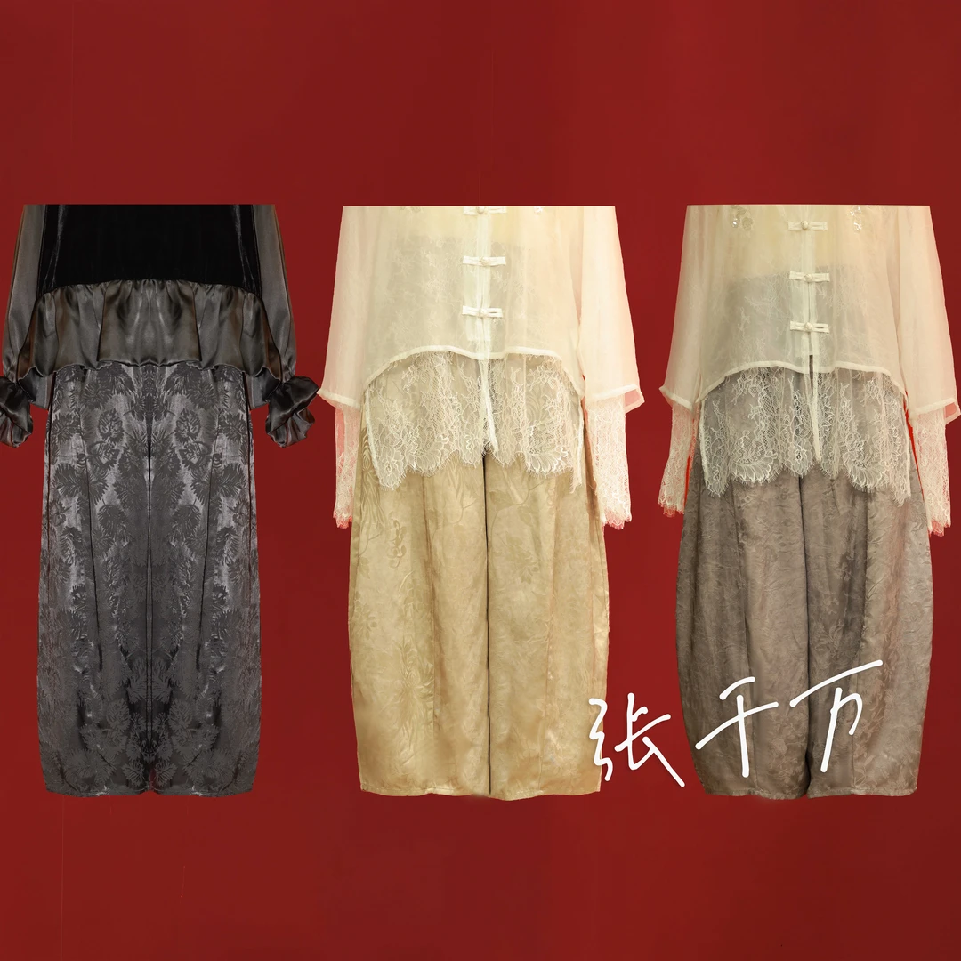 张千万x楮墨 水墨叶影 收褶大脚裤HZK225058