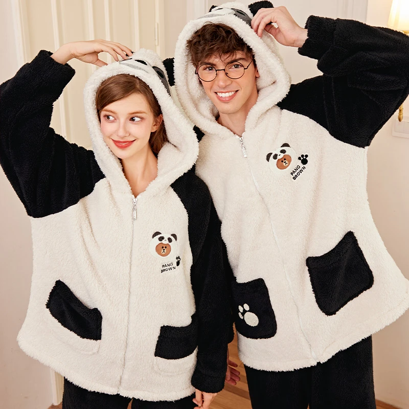 芬腾布朗熊情侣睡衣珊瑚绒秋冬季女士连帽套装加绒加厚男款家居服