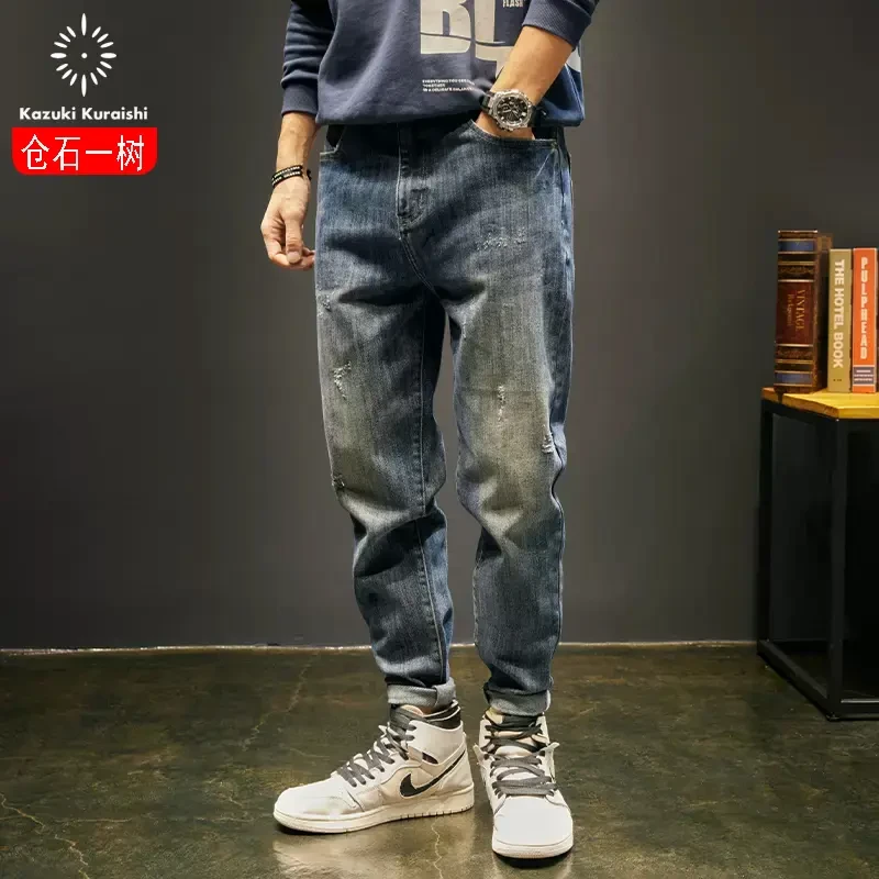 仓石一树春秋复古帅气牛仔裤男士2024潮牌重磅简约加绒加厚哈伦裤