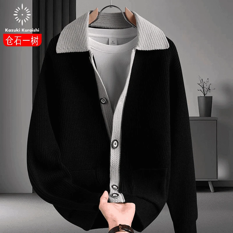 仓石一树秋冬新款翻领毛衣针织开衫男士外套时尚休闲百搭撞色上衣