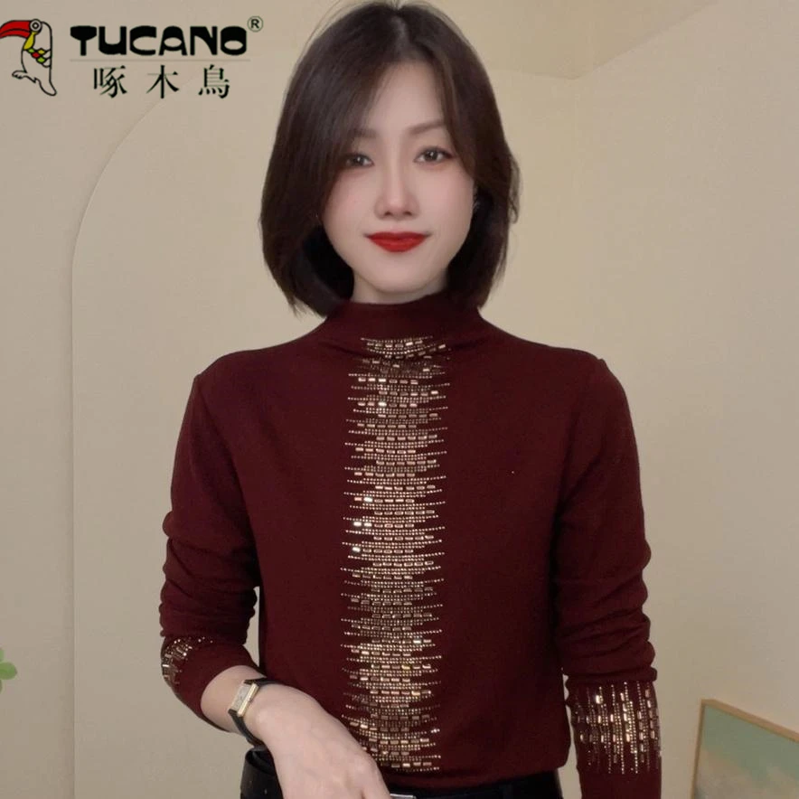 啄木鸟德绒重工妈妈装秋冬新款长袖上衣女打底衫气质宽松T恤女