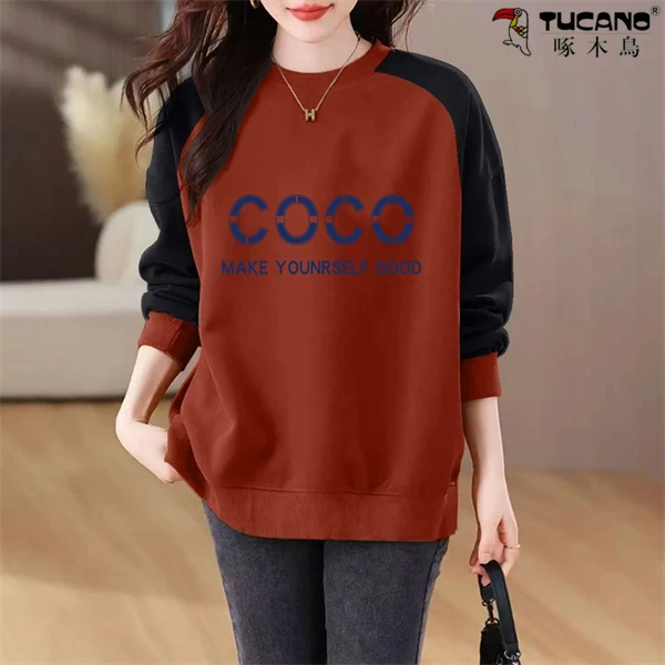 【啄木鳥】纯棉秋冬加绒加厚圆领卫衣女设长袖计感拼接插肩宽松