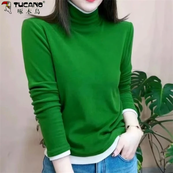 【啄木鳥】双面绒长袖t恤女冬季新款时尚百搭减龄纯色保暖上衣