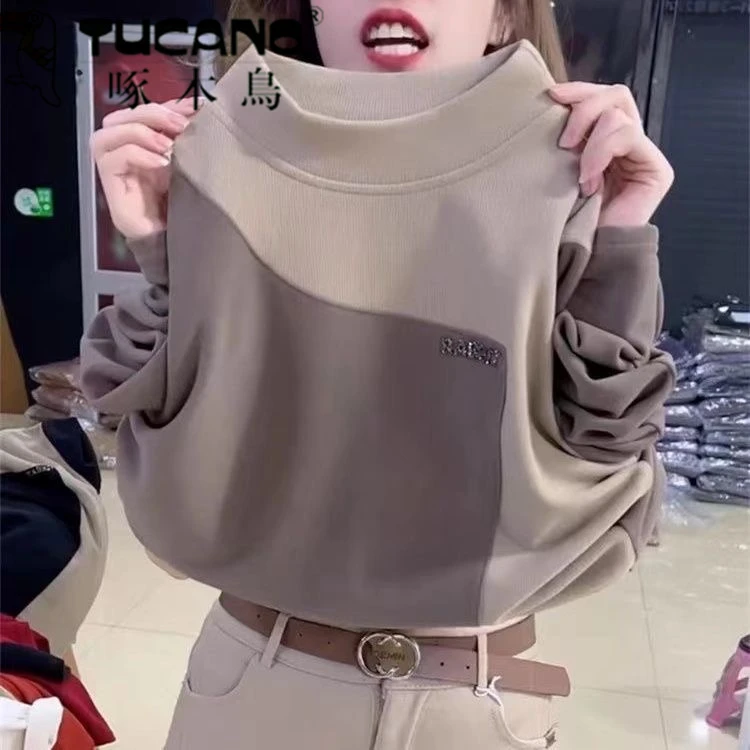 啄木鸟德绒秋冬新款打底衫宽松长袖加厚T恤女高领韩版拼接上衣女