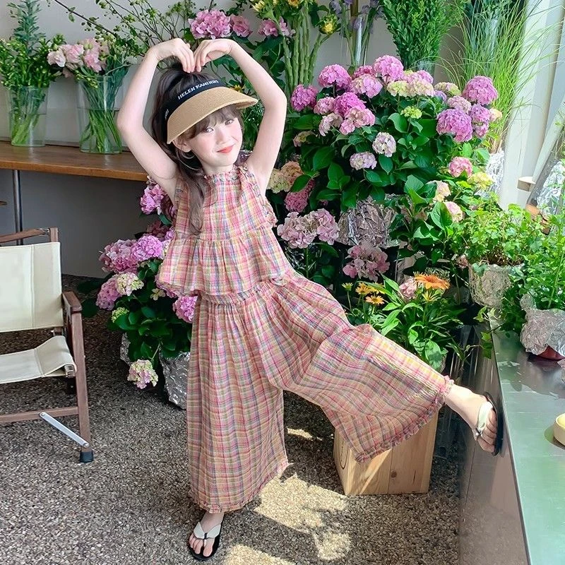 女童夏季套装2025新款洋气网红女孩格子无袖背心休闲阔腿裤两件套