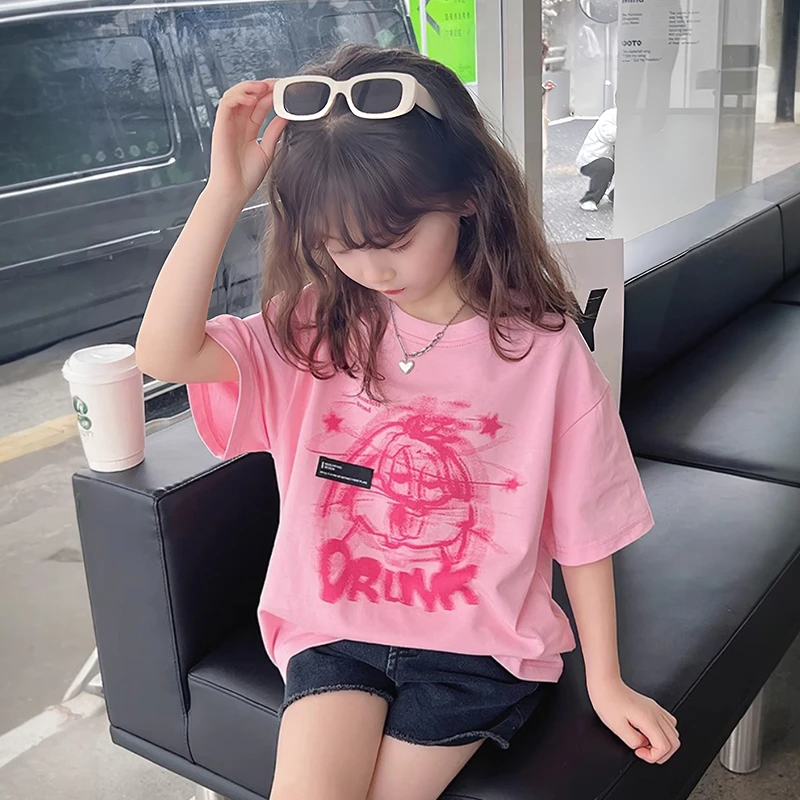 纯棉女童短袖t恤儿童洋气宽松上衣童装时尚体恤女孩2024夏装新款