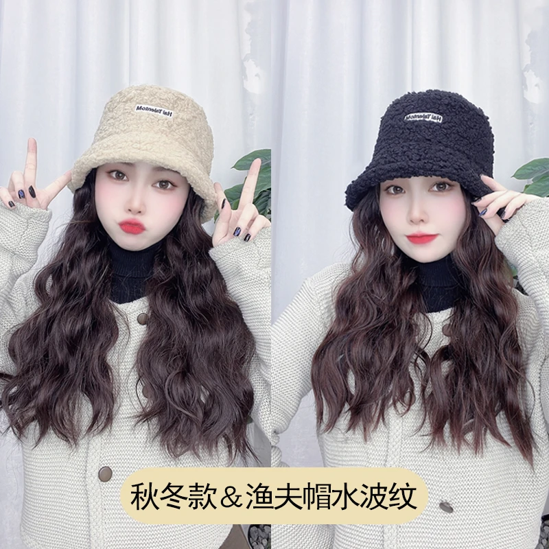 假发女长发帽子假发一体秋冬季羊羔毛渔夫帽长卷发水波纹全头套式