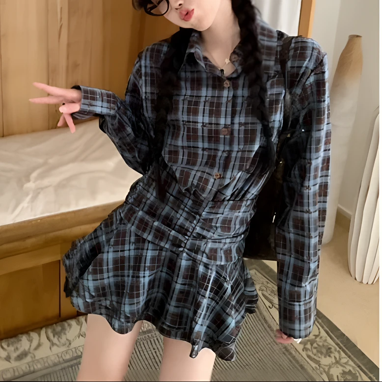 复古设计感洋气格纹翻领长袖衬衫慵懒系扣中长款上衣气质连衣裙女