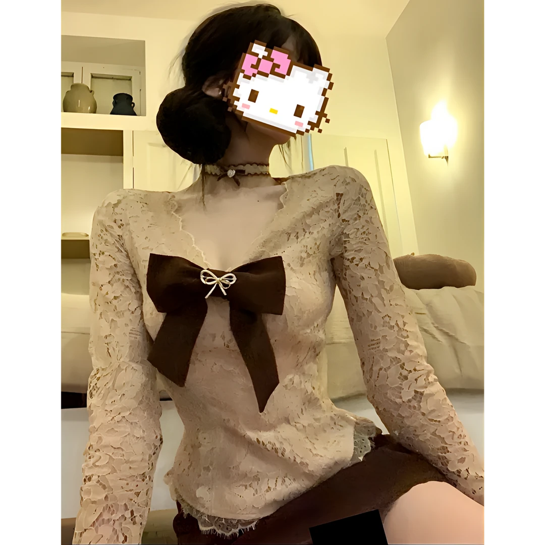 古堡千金 秋冬新款纯欲风蝴蝶结蕾丝上衣+棕色半裙爆款时尚套装女