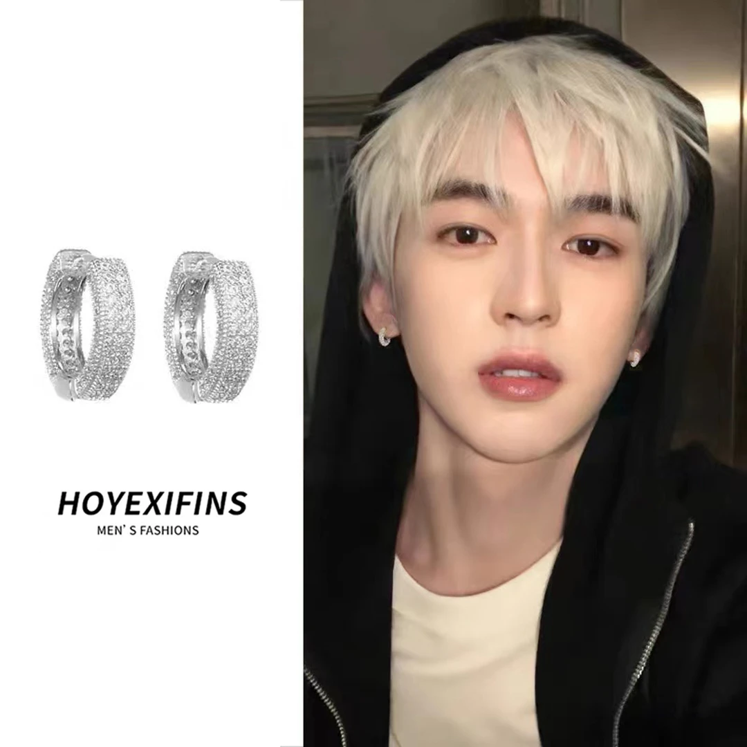 足银耳饰 99纯银高级感耳环男潮耳圈双排钻耳扣男女耳钉2022新款