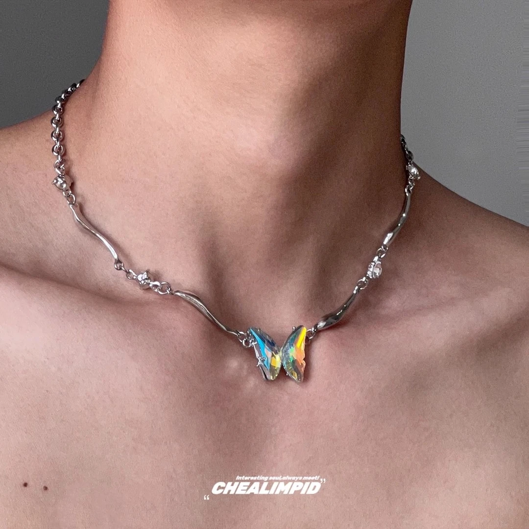 钛钢项链 渐变蝴蝶金属不规则项链辣妹潮流男女锁骨链颈链小众