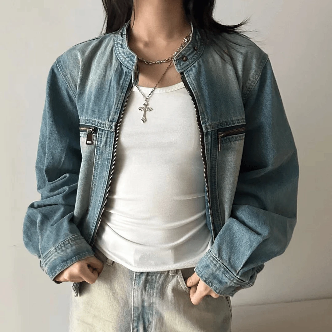 PANPAN【现现】牛仔外套百搭显瘦小众宽松水洗时尚机车外套女