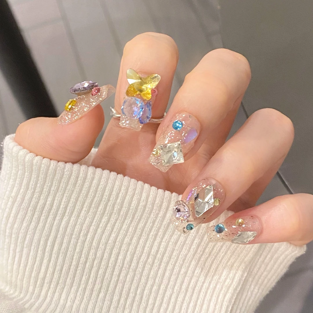 【缤纷假日】手工穿戴甲多巴胺配色时尚清新冰透钻石切割锆石蝴蝶