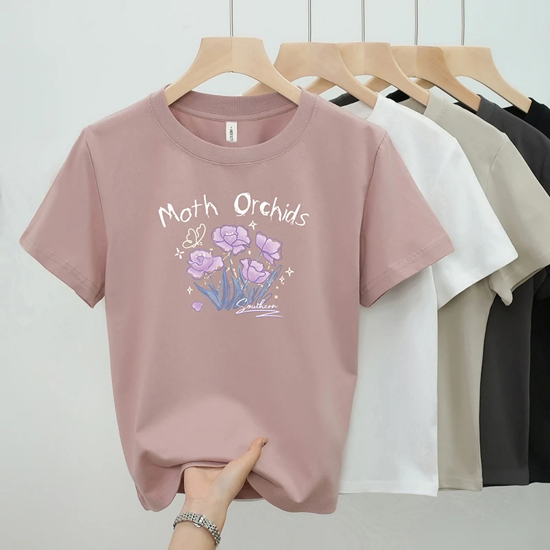 艾格时尚休闲百搭印花四朵花显瘦短袖t恤女修身女士短款上衣女