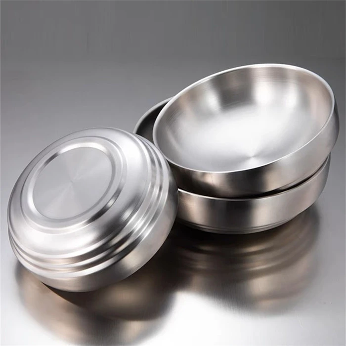 不锈钢韩式双层冷面碗直径21cm家用隔热银色大号加厚圆形商用拌饭