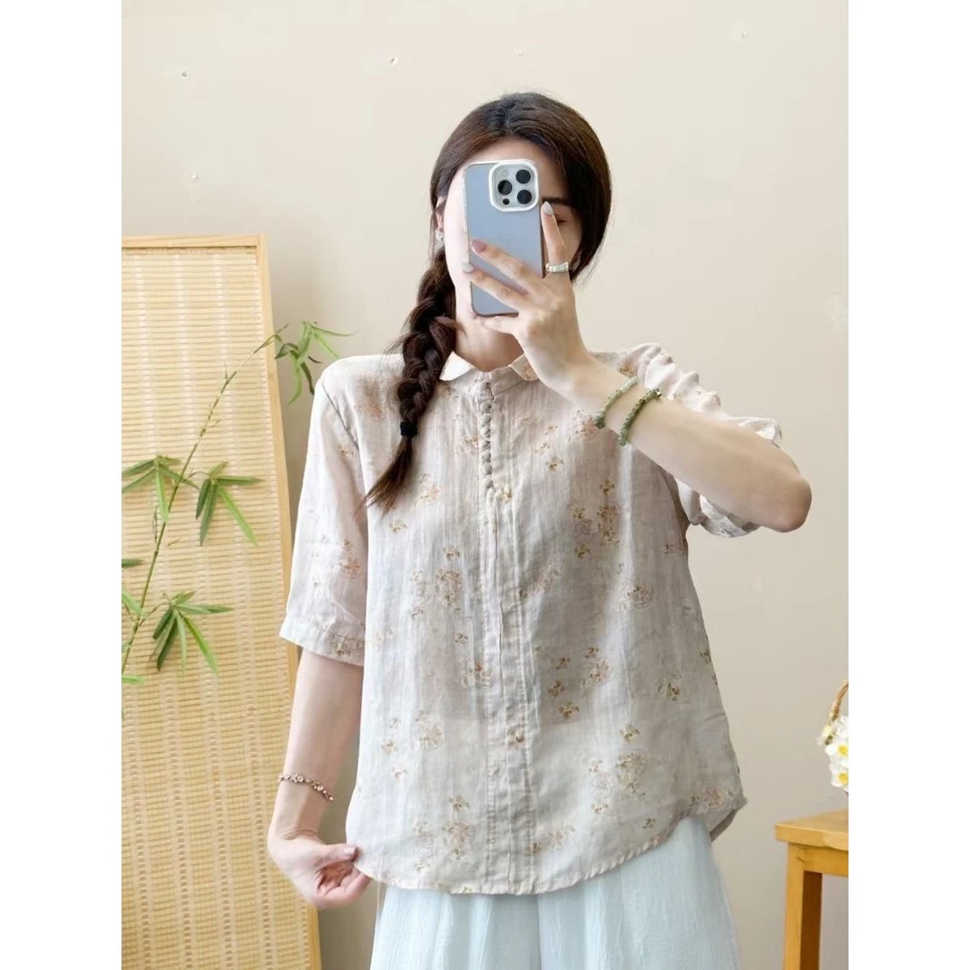 复古苎麻内里包边印花翻领衬衫女夏新款文艺大码显瘦休闲衬衣
