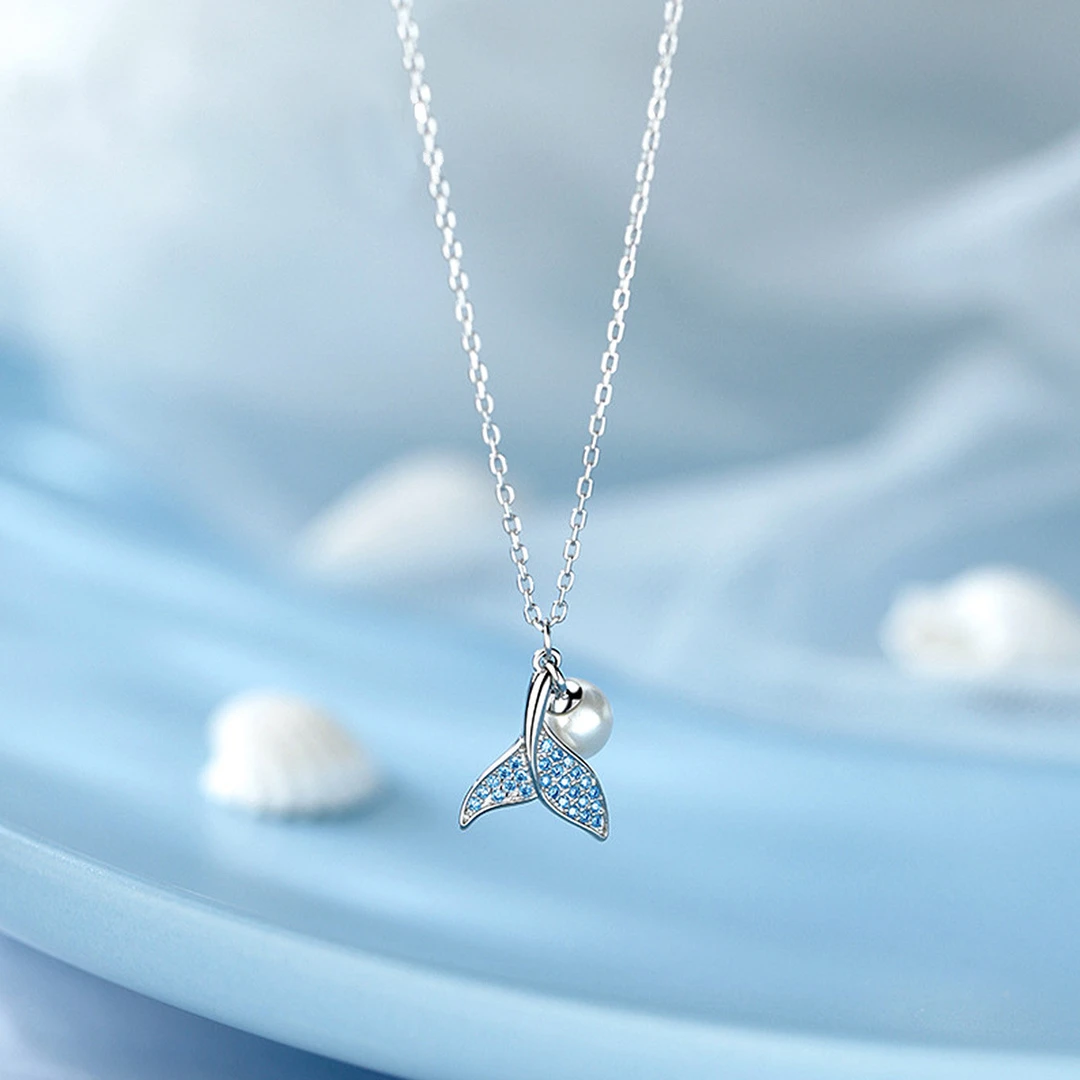 银千惠 坠链均925银合成锆石 鱼尾施家珍珠纯银项链百搭时尚轻奢