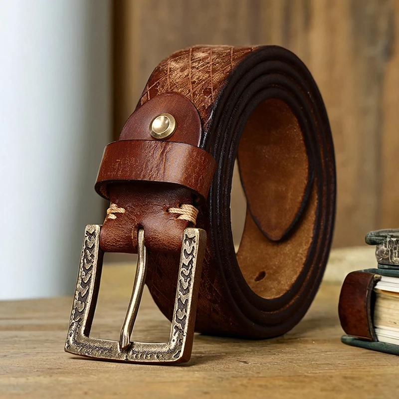 菱形雕花设计加厚特厚复古真皮皮带男款头层牛皮休闲牛仔粗犷腰带