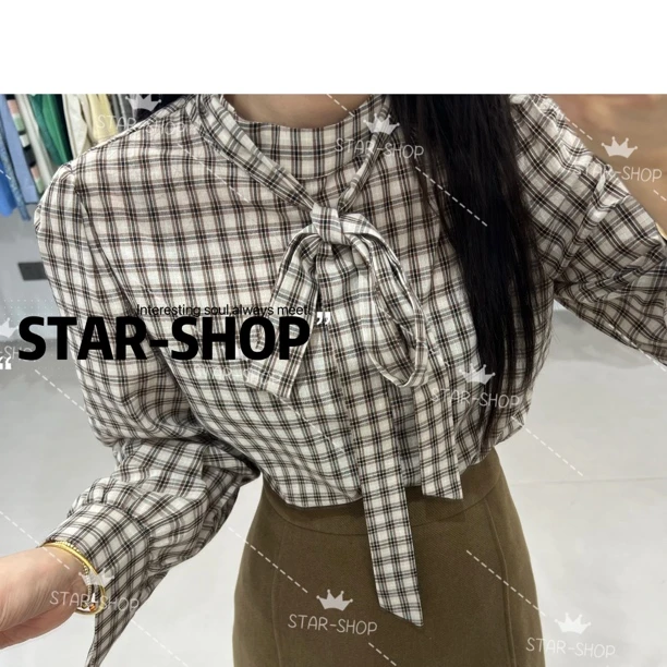 ｛格子衬｝STAR- SHOP 系带蝴蝶结格子衬衫